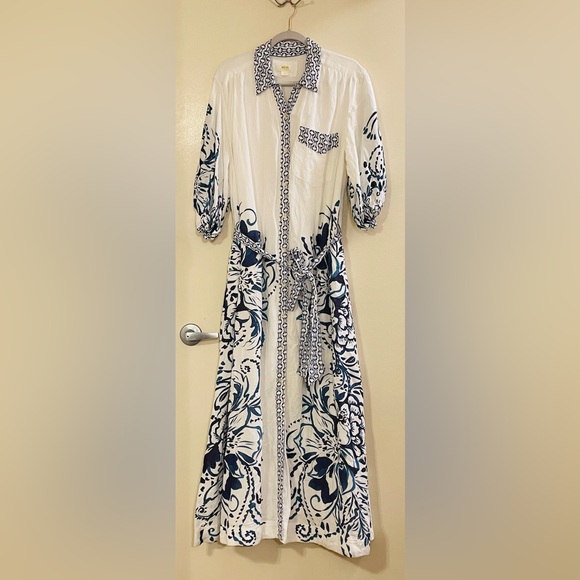 MAEVE by ANTHROPOLOGIE Irene Linen Button Front Belted Maxi Shirt Dress in Blue - Picture 7 of 11